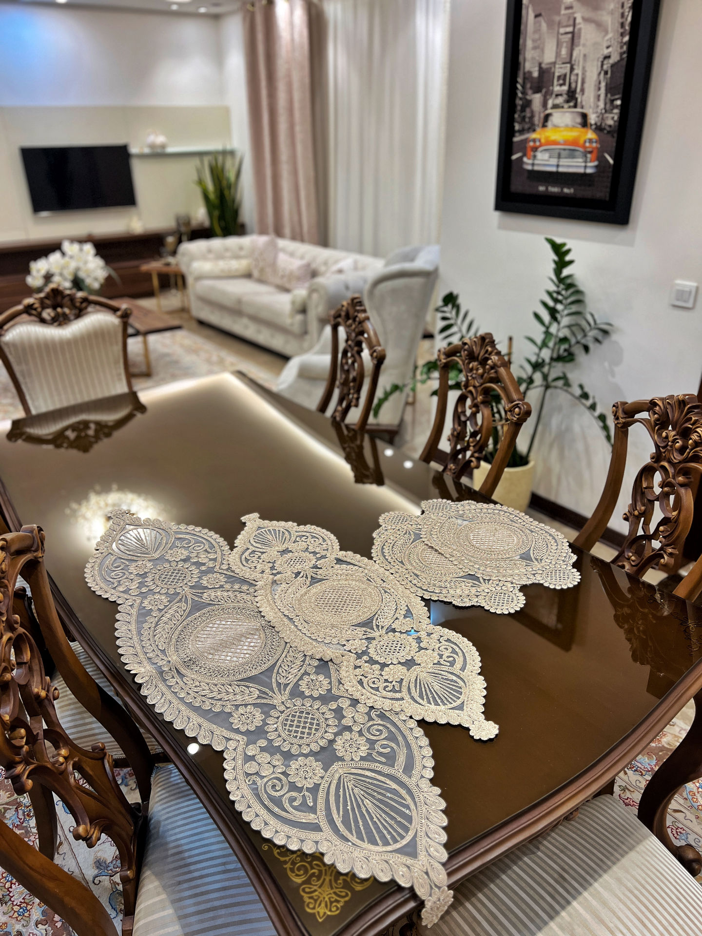 رومیزی پنج تکه گندمی مربع دار