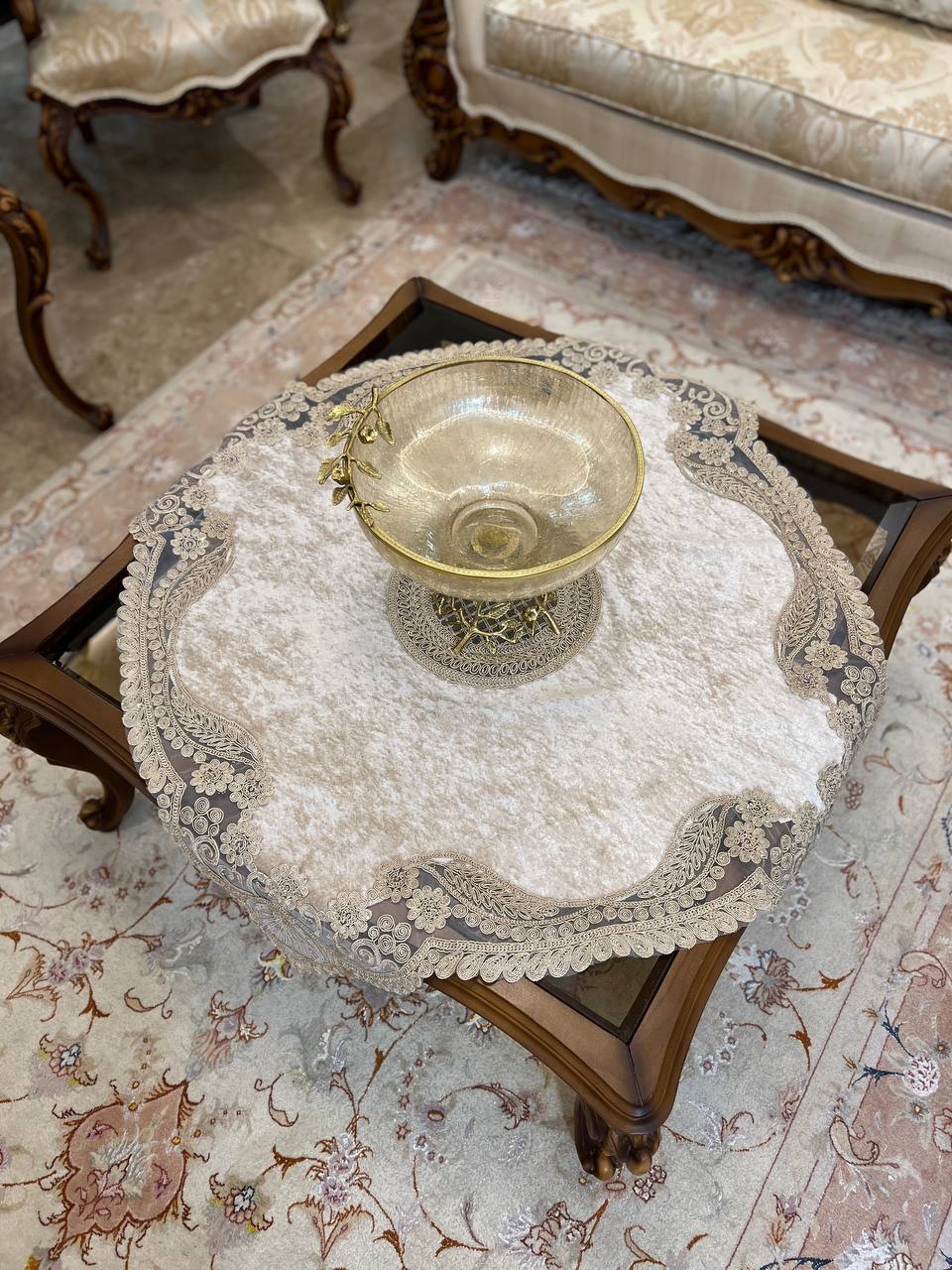 رومیزی پنج تکه گندمی مربع دار